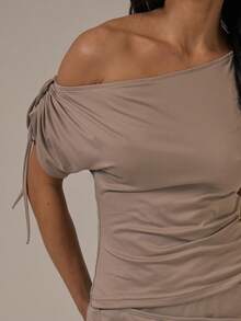 MUSERA Off The Shoulder Sleeve Tie Keyhole Back Top Spring Summer Cute Cosy Cottage Core Spring Dew - Grey - View 2
