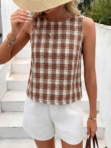 SHEIN LUNE 女士休闲格子无袖衬衫，后背纽扣设计，适合夏季度假、通勤和日常穿着。 - 彩色 - 查看 5