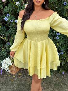 Sunnyshic Gaun Liburan Ukuran Besar Model Bahu Terbuka dengan Pinggang Terikat dan Hiasan Rumbai di Bagian Bawah - Kuning - View 6