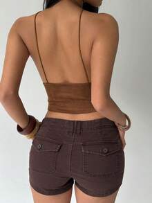 Aloruh Women's Solid Color Beaded Halter Backless Bodycon Fashionable Top - Coffee Brown - View 2