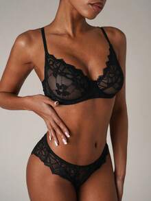 SHEIN BAE 2pcs/Set Lace-Trim Underwired Sexy Bra & Panty Lingerie Set For Women - Black - View 9