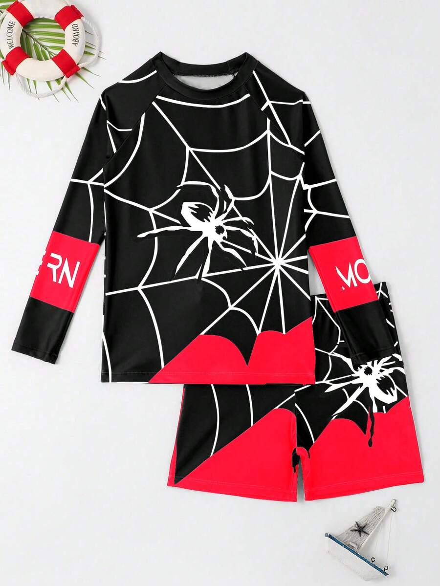 SHEIN GraphicGems Tween Boy Beach Vacation Spider & Letter Patchwork Print Raglan Long Sleeve Swimwear Set - Black - View 1