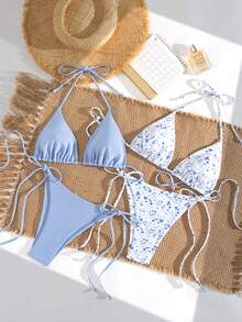 Swim Mod 2pcs Women Halter Strap Ditsy Floral Bikini Set, Minimalist Beach Vacation Swimwear - Multicolor - View 3