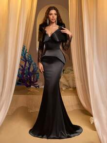 Glamrae Sang trọng, quyến rũ, lãng mạn và thời trang, chiếc đầm đen này có điểm nhấn là viền ren lông mi trên chất liệu satin co giãn, cổ áo có cấu trúc, tay dài, thiết kế 2 trong 1 và đuôi váy đuôi cá. Phù hợp cho mọi dịp trang trọng, bao gồm đám cưới, tiệc sinh nhật và những buổi dạ hội lộng lẫy. Đầm dạ hội dài tay màu đen. - màu đen - Xem 7