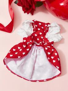 PETSIN 红色爱心印花宠物连衣裙，配白色蝴蝶结和翅膀褶边——可爱的情人节狗狗服装，适合小型犬和猫咪的夏季公主裙 - 紅色 - 查看 6