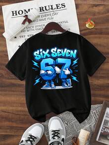 Tween Jungen Frühling und Sommer: Lässige Mode kreative personalisierte erfrischende minimalistische stilvolle Nummer 67 Blitz Grafik Buchstaben Slogan Muster lässiges Basis Kurzarm T-Shirt, bequeme Alltagskleidung gemütliche Sommer- und Herbststile: Atmosphäre-inspiriert geeignet für Frühling, Sommer, Herbst Saisons - Schwarz - Übersicht 4