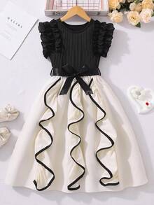 Vestido elegante sin mangas con recorte de volantes y bloques de color para niña preadolescente - Multicolor - Ver 7