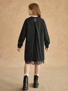 SHEIN Tween Girl Black Dress, Chiffon Back, Lace Hem Trim, Casual Loose Long Sleeve, Front Letter Print - Black - View 2