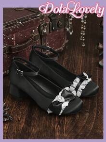 Dola Lovely 梦幻甜美洛丽塔风黑色缎面女士高跟鞋，方头粗跟，饰有水钻搭扣蝴蝶结踝带玛丽珍鞋，洛丽塔甜美女孩专属，适合下午茶派对、洛丽塔套装、生日派对等场合。 - 黑色 - 查看 5