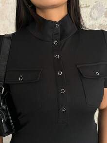 POPSWAY Plus Size Women's Solid Color Short Sleeve Button Half Placket Pocket Casual T-Shirt - Black - View 6
