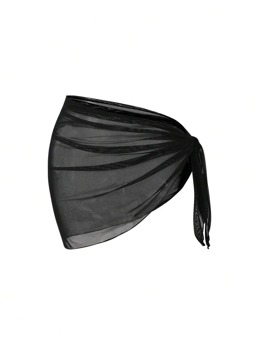 Swim Oasis Women's Solid Color Side Tie Waist Cover-Up & Mini Skirt Set, Vacation - Black - View 1