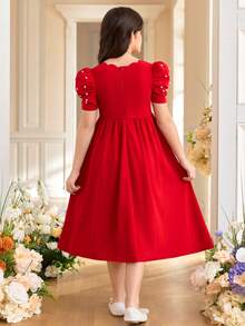 SHEIN Girls' Elegant Pearl Beaded Gigot Sleeve Waist Gathered Flare Hem Princess Dress, Red - Red - View 4