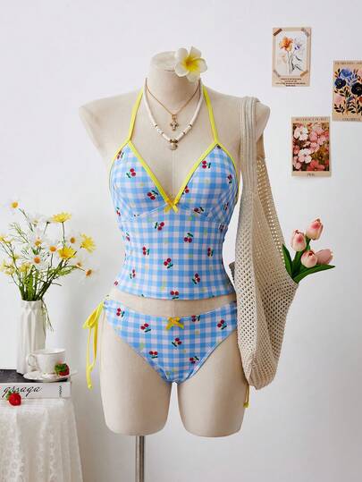 Swim Mod 2 st kvinnors rutiga, körsbärs-, stjärn- och slumpmässigt tryck söta, söta sommar- och strandsemesterbikiniset