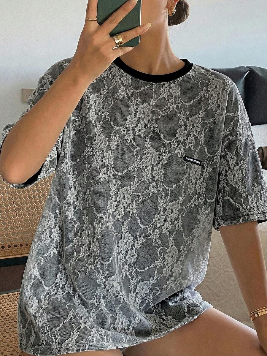 DAZY Women's Casual Contrast Lace Round Neck Short Sleeve T-Shirt, Summer - Black - View 1