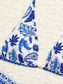 Swim Vcay 女士复古印花比基尼套装，搭配性感沙滩罩衫短裤，时尚夏季度假装 - 藍白色 - 查看 4