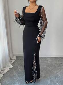 Elenzga 女士方领亮片网纱拼接连衣裙，优雅派对装，侧开衩，长袖 - 黑色 - 查看 4