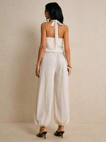 Poéselle 女士休闲度假通勤纯色纹理面料扭结露背连体裤，春夏款 - 杏色 - 查看 6