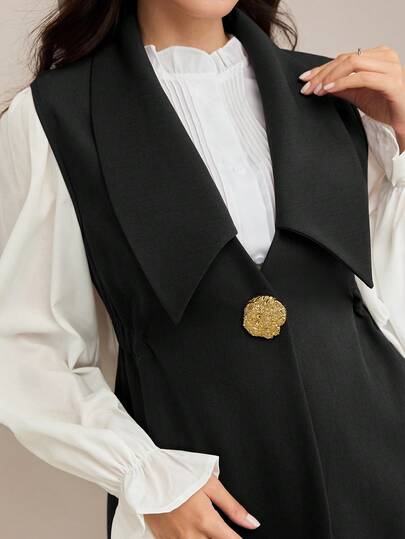 Veilorie 女士简约休闲通勤单排扣背心和阔腿裤阿拉伯风格套装