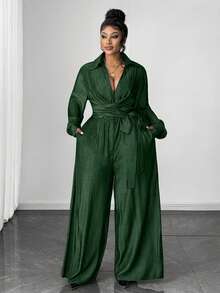 Maweii Bộ jumpsuit dáng rộng, thời trang, gợi cảm, tối giản, màu trơn, cổ chữ V sâu, thắt eo, ống rộng, dành cho nữ cỡ lớn, thích hợp cho mùa xuân/thu. - Màu xanh lá cây đậm - Xem 3