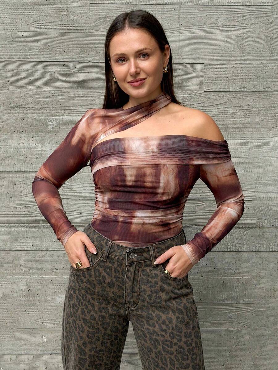 Women's Summer Tie Dye Printed Asymmetrical Collar Ruched Slim Fit Bodysuit - Brown - View 1