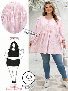 SHEIN CURVE+ Curve 尺码 US22 音乐节、海滨度假、波西米亚风 CURVE PLUS / / 女士系带领灯笼袖条纹爱心印花荷叶边下摆宽松衬衫 - 彩色 - 查看 9