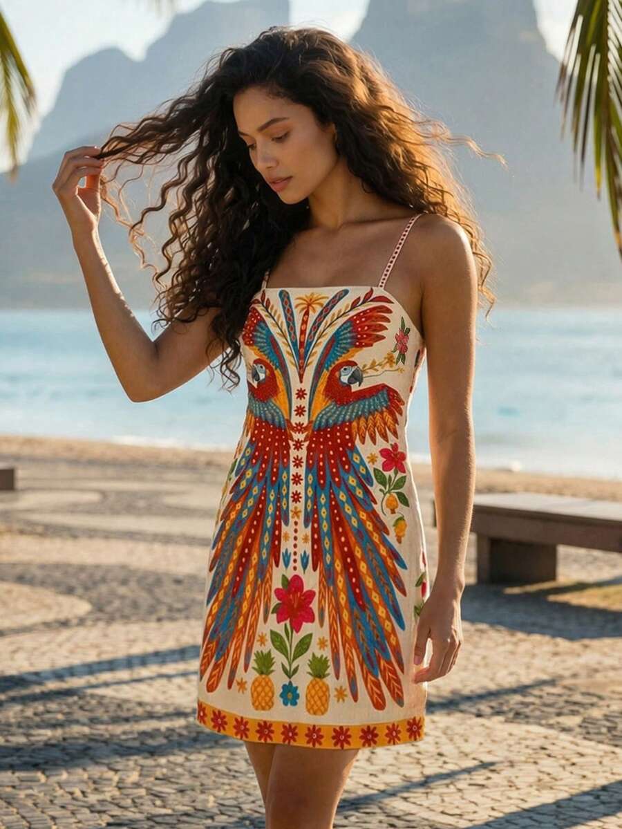 CAJUNI 热带度假可爱热带金刚鹦鹉迷你连衣裙 - 橘色 - 查看 1