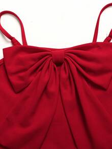 SHEIN 少女优雅可爱无袖红色A字拼接连衣裙，饰有蝴蝶结，适合情人节、婚礼季等场合。 - 紅色 - 查看 4