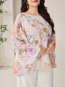 Veilorie Plus Size Women Elegant Floral Print Loose Fit Round Neck Blouse, Autumn - Multicolor - View 5