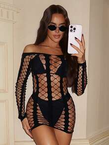 Swim SXY Women's Black Striped Long Sleeve Sheer Sexy Bodysuit, Fishnet Hollow Out Plaid Mini Dress, Women's Cover-Up - Black - View 1