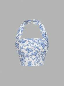 SHEIN MOD 女士复古蓝白碎花吊带上衣和半身裙套装，优雅浪漫，复古风情，适合花园、春夏、度假、海滩等场合。 - 藍白色 - 查看 4