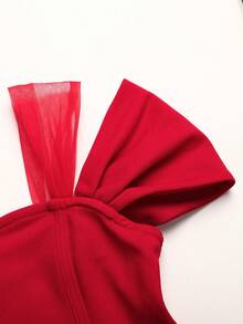 SHEIN Girlism 少女优雅网纱拼接纯色收腰A字连衣裙 - 紅色 - 查看 3