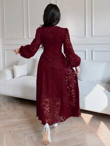 Feyla Đầm nữ thanh lịch cổ vuông, eo thon, tay phồng, thích hợp cho mùa thu. - Màu Đỏ Sâu - Xem 2