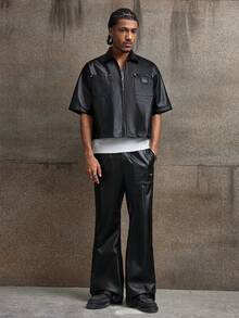 AXEPEAK Bộ áo sơ mi ngắn tay và quần dài màu trơn dành cho nam. - màu đen - Xem 9