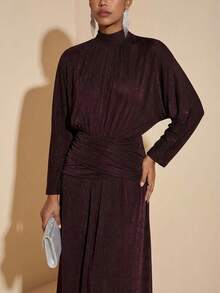 Zivah Dark Purple,Autumn,Elegant,Dining Elegant Party Dresses For Women,Stand Collar Shimmering Knit Fabric Long Lantern Sleeve Cinched Waist Long Dress - Coffee Brown - View 3