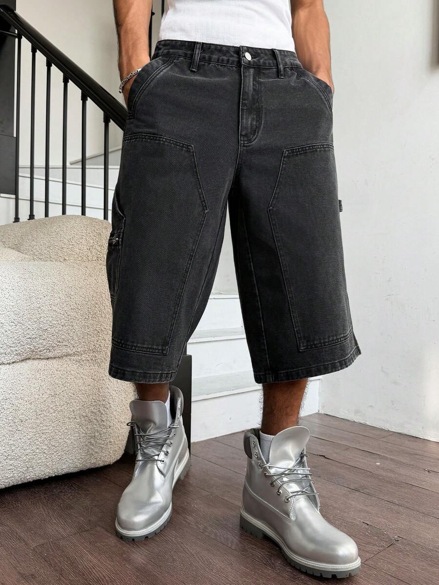 Manfinity EMRG Quần short denim đen nam kiểu dáng đường phố thường ngày, nhiều túi và họa tiết. - màu đen - Xem 1