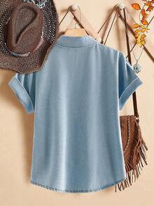 Rusticease 女士短袖单排扣休闲牛仔衬衫 - 藍色 - 查看 2