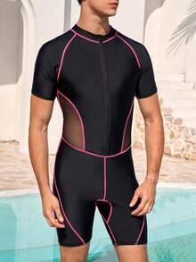 Zalmeno Bañador de una pieza de manga corta y cuello alto con cremallera, corte slim, para hombre. Traje de baño de hombre de una pieza con manga corta - Negro - Ver 2