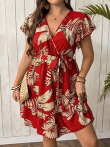 SHEIN Clasi Đầm quấn cỡ lớn in hình lá cây, viền bèo nhún, thích hợp cho kỳ nghỉ hè. - Nhiều màu - Xem 4