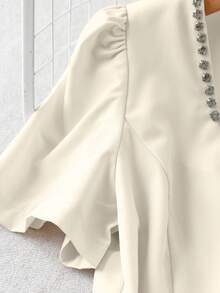 SHEIN Elegante Bluse für Damen mit Strass-Verzierung, quadratischem Kragen, Puffärmeln, Taillenband, A-Linie Silhouette, geeignet für Büro und Alltag, Frühling/Sommer - Aprikosenfarben - Übersicht 6