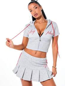 BABYPHAT Jersey Knit Pleated Mini Skirt With Logo Script Print Casual Everyday Streetwear Spring Summer Essential - Grey - View 6