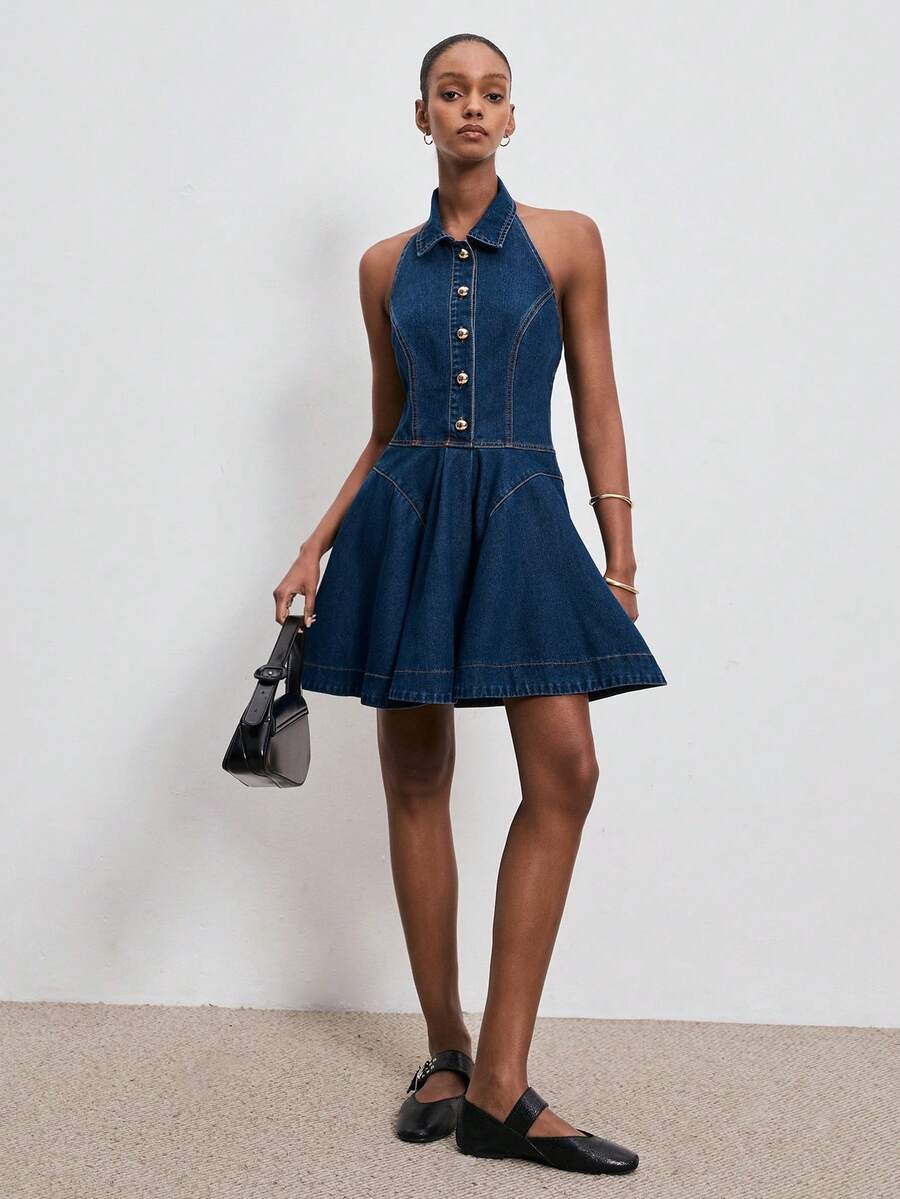 ATUI Studio 女士单排扣荷叶边露背牛仔连衣裙 - 藍色 - 查看 1