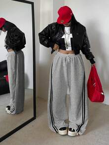 POPSWAY Plus Size Lazy Sports Style Yellow Striped Sweatpants For Women, High Waist Drawstring Loose Wide Leg Pants, Autumn 2025 - Light Grey - View 1