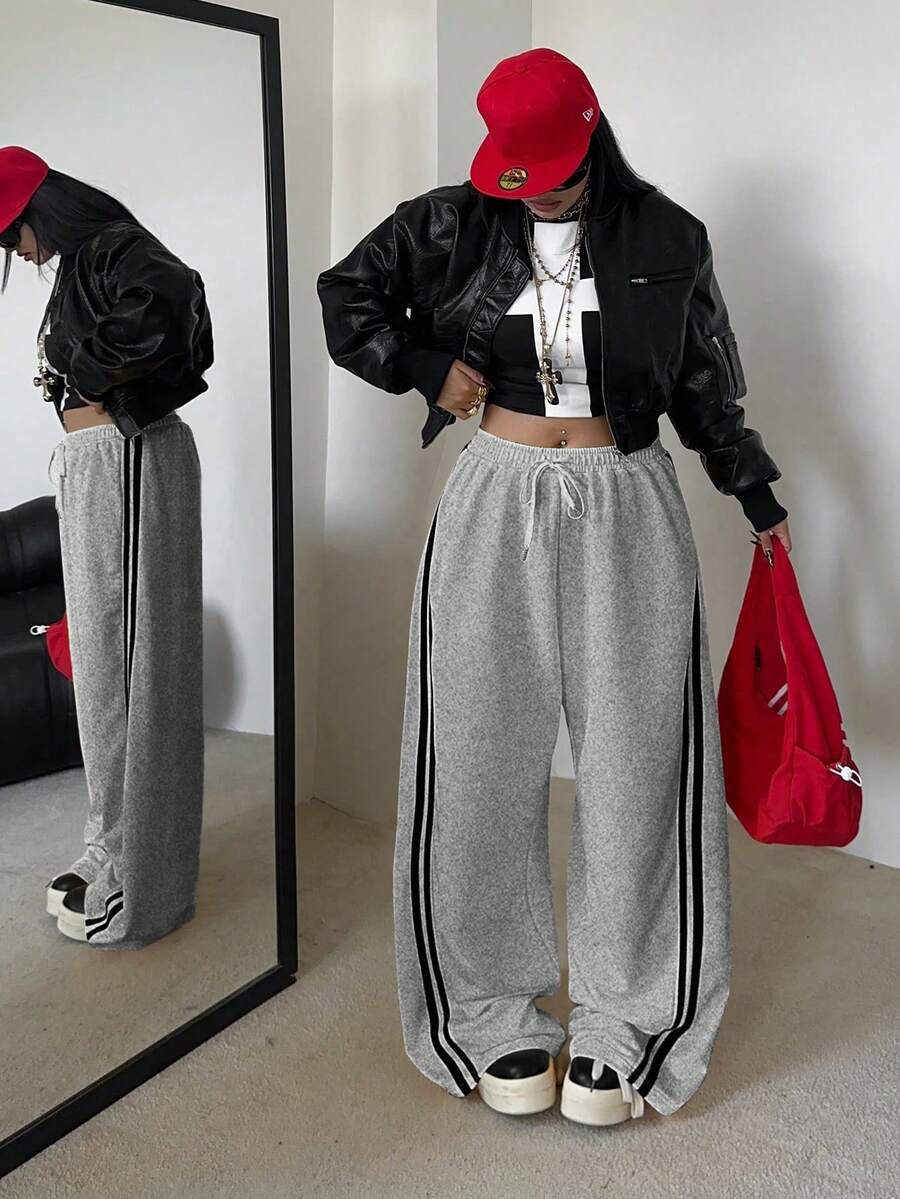 POPSWAY Plus Size Lazy Sports Style Yellow Striped Sweatpants For Women, High Waist Drawstring Loose Wide Leg Pants, Autumn 2025 - Light Grey - View 1