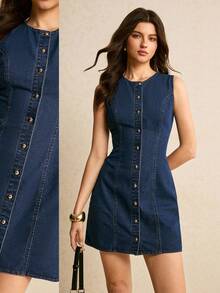 Poéselle Women's Round Neck Single-Breasted Casual Sleeveless Denim Dress  Valentine - Dark Wash - View 1