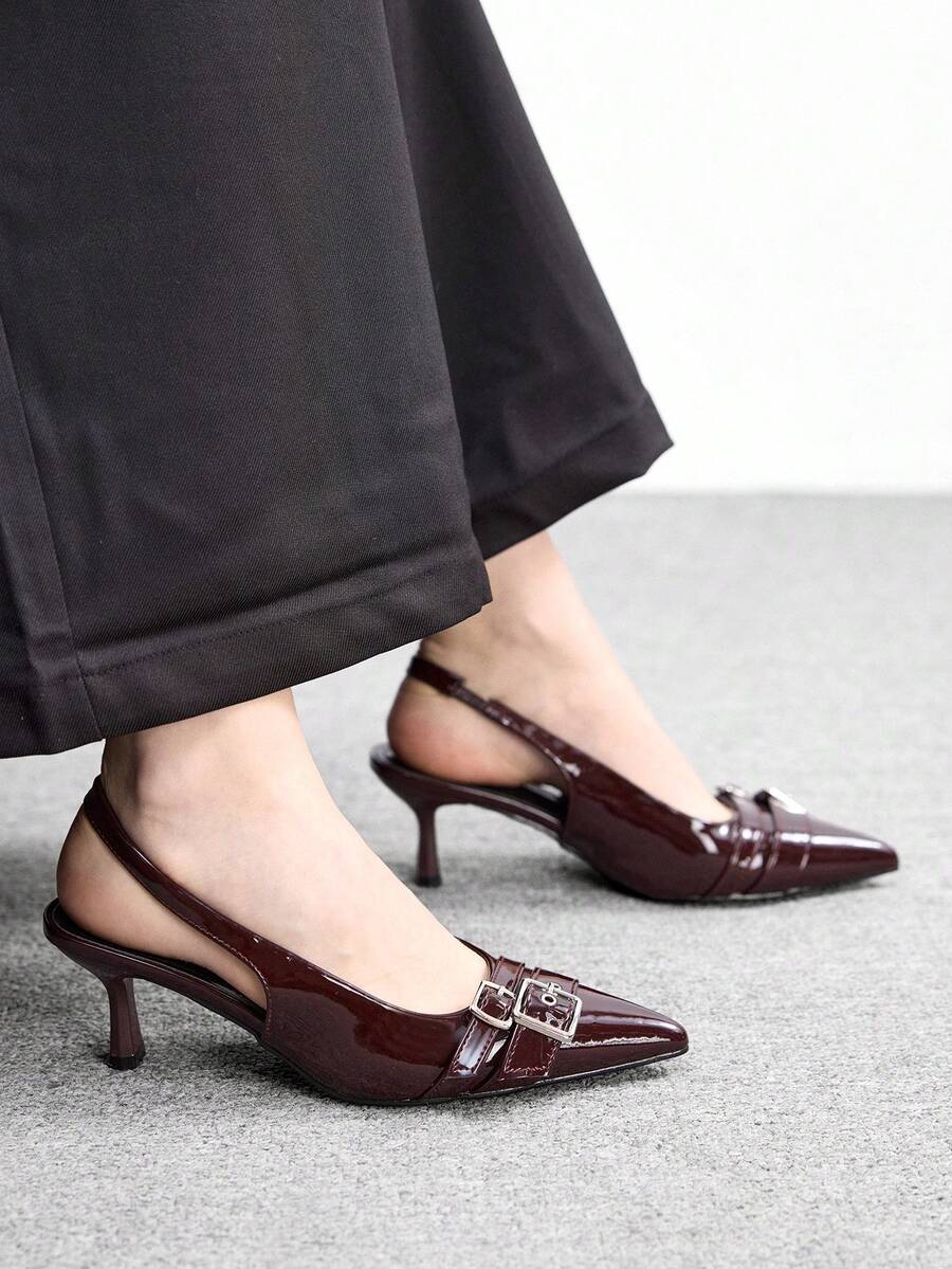 CUCCOO BIZCHIC CUCCOO 女士时尚高跟尖头咖啡棕色漆皮金属扣通勤鞋 - 咖啡棕 - 查看 1