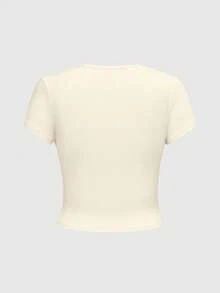 ROMWE Kawaii Cute Collegiate Innocent Heart Rabbit Slogan Bow Lace All-Over Print Sexy Women T-Shirt - Beige - View 2