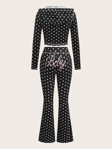 Slaydiva New Spring/Summer Casual Street Style Sexy Slim Fit Black Polka Dot Letter Print Hooded Cardigan Long Sleeve T-Shirt + Flared Pant Women Two Pieces Set.Suitable For Valentine's Day, Dates, Party, Gatherings, Holidays, Vacation,Nomadic Style, Beach, Seaside,Concerts, Everyday Outings, New Year's, Revelry, Brunch Outfits, Hot Girl, Wedding Guest Outfits, Wedding Season,-B Pants Set Two Piece - Multicolor - View 3