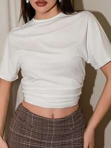 Bris Aura 女式夏季简约 Y2K 基本款日常休闲返校街头风弹力白色宽松褶皱短款 T 恤 - 白色 - 查看 6