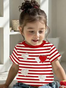 SHEIN Baby Girl Burgundy Striped, Faux Pearl Heart Print, Casual Minimalist Elegant Striped Heart Graphic Short Sleeve Round Neck Top T-Shirt, Suitable For Spring/Summer Daily, Street Style, Outings, Home, Vacation, Homecoming, Back To School, Spring & Summer, Easy Comfort, Spring & Summer Sets Stylish, Casual Wear, & Heart Graphic Tee, Spring & Summer Fashion, Laid-Back Style, Relaxed Chic - Multicolor - View 1