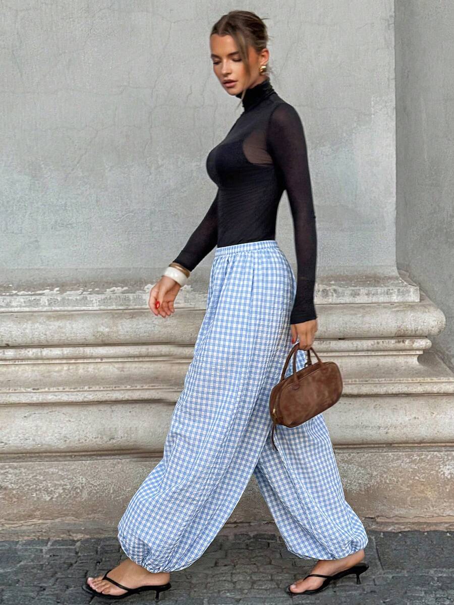 Siren Gaze 女士格子松紧腰休闲百搭日常灯笼裤 - 藍白色 - 查看 1